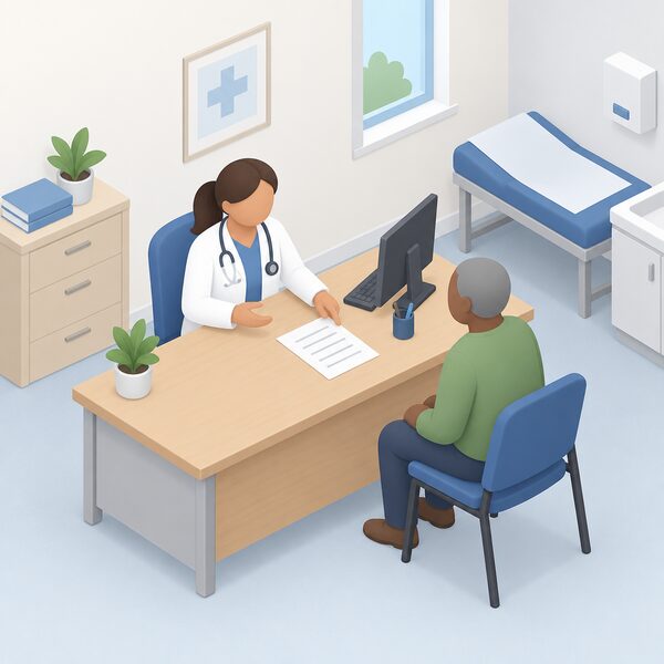 A clinician seated at a desk in a GP surgery consultation room talks with a seated patient, gesturing toward a simple printed referral sheet on the desk between them, conveying a health professional referring the patient for heating support through the NHS.