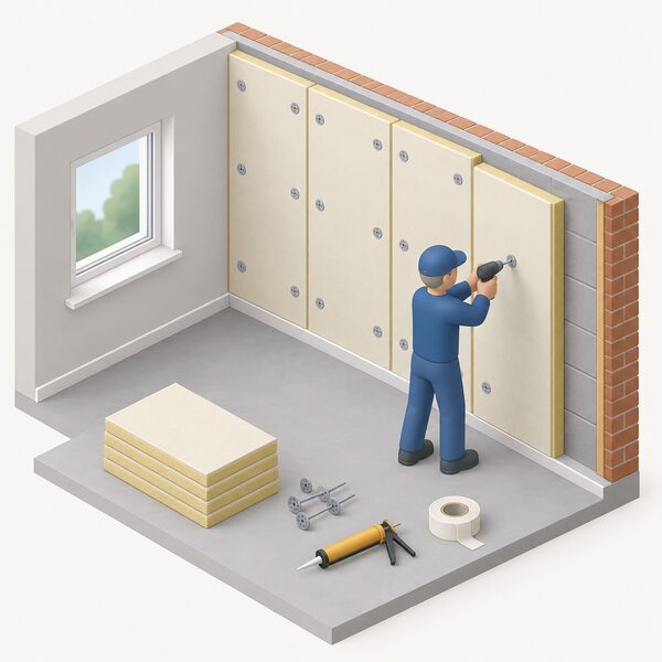 A simplified isometric installer in plain workwear fitting rigid insulation boards to the inside face of an external wall of a room, fixing each board and sealing joints, with a section of wall already covered to show the work progressing along the wall.