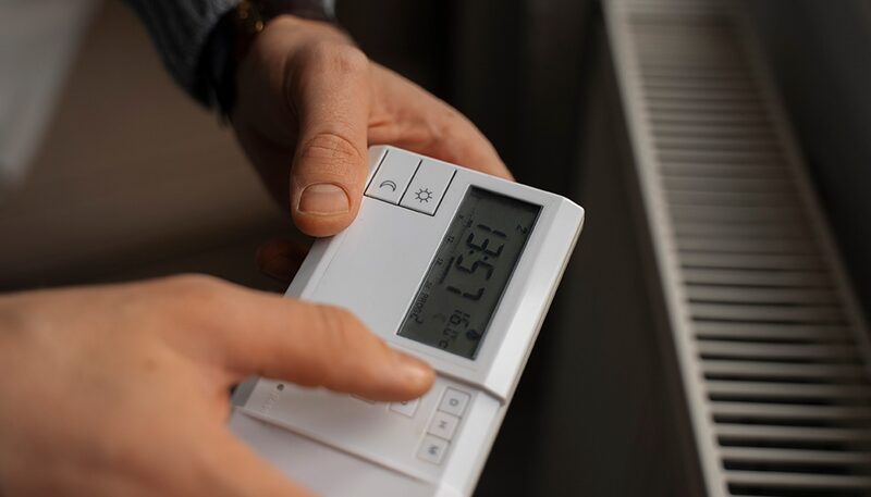 A person's hands adjusting a white digital room thermostat next to a radiator