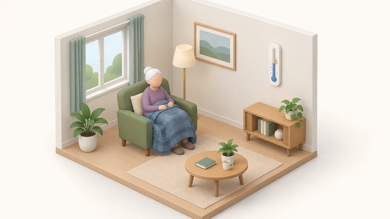 A wall-mounted room thermometer in a simply drawn living room showing a reading at the 18°C minimum, with an older person seated in an armchair nearby wrapped in a blanket, the thermometer dial and any markings left as plain blocks so no figure is readable.