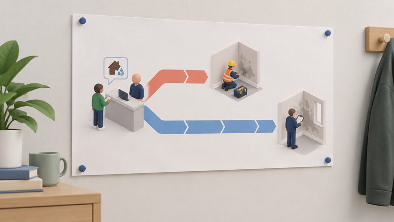 A printed timeline sheet pinned to a wall, drawn as an object, showing a simplified isometric tenant figure at one end making a report, then two branching tracks: a short band ending in a figure addressing an emergency hazard, and a longer band ending in a figure inspecting damp on a wall.