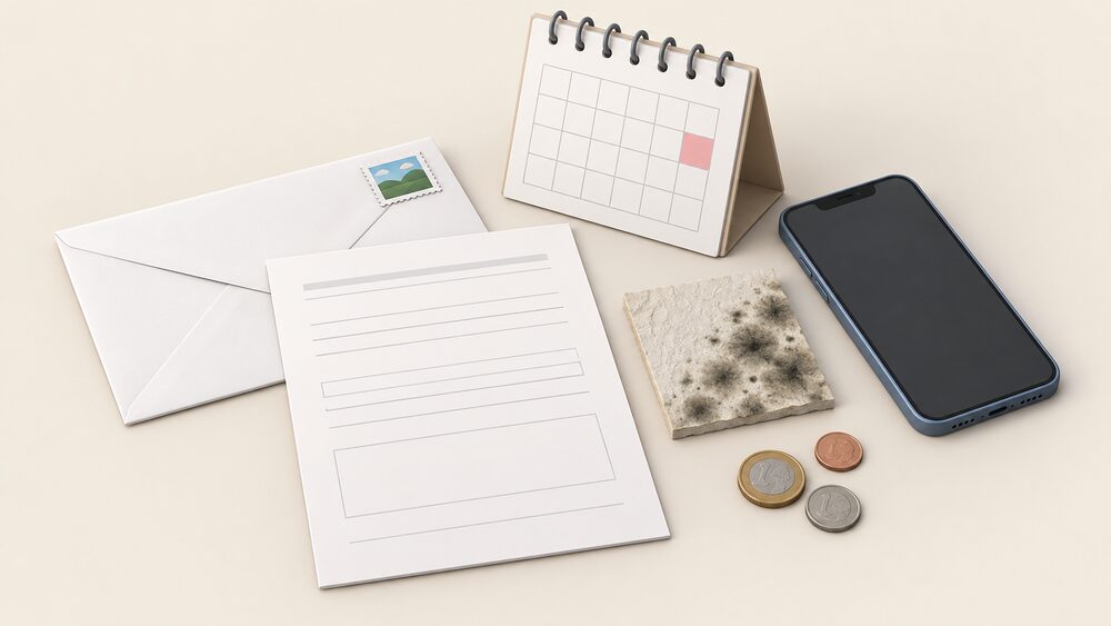 A small tabletop arrangement showing the moment a damp report is made: a blank report form and a stamped envelope beside a calendar, a phone with a blank screen, a small square of dark mouldy wallpaper as a sample, and a few coins.