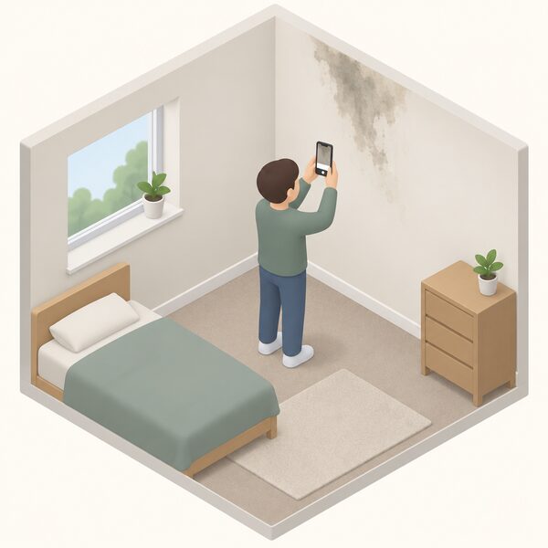 A simplified tenant stands in a rented room holding a mobile phone up to photograph a dark damp patch on an inside wall, with a plain date stamp shown as a blank band on the phone screen.