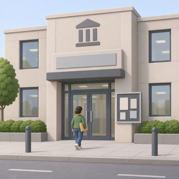 A tenant arriving at a plain council office building with a folder of papers, shown from outside at street level with a public entrance and a noticeboard by the door, representing where a renter can take a complaint when the landlord will not act.