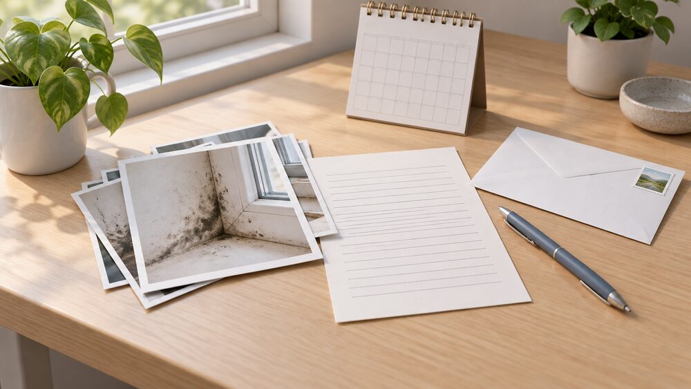 A small tabletop arrangement showing the moment of reporting damp: a stack of printed photographs of a mouldy window corner, a handwritten letter beside a stamped envelope, a calendar and a pen, all lit by soft daylight from a nearby window.