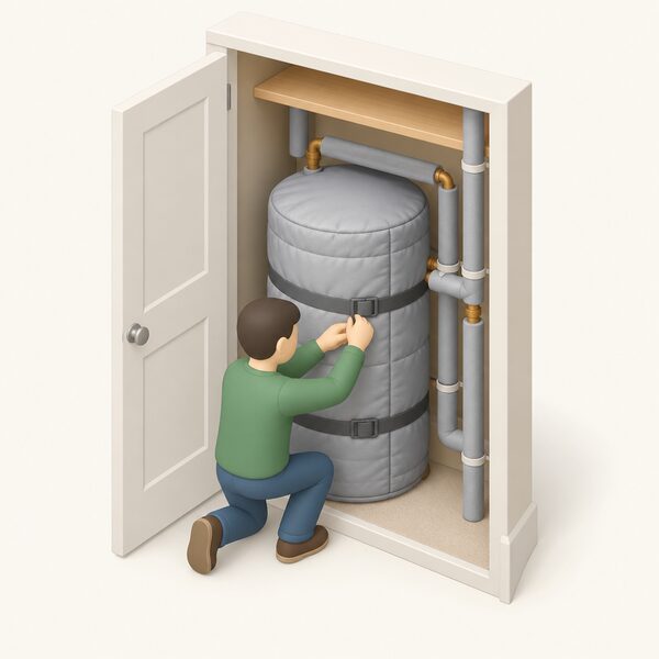 A hot water tank in an airing cupboard of a rented home, wrapped in a thick quilted insulation jacket, with insulated exposed pipework around it and a small isometric figure of a person fitting or adjusting the jacket straps.