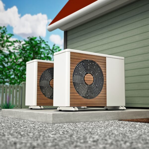 Two air source heat pump units installed on a concrete plinth outside a house