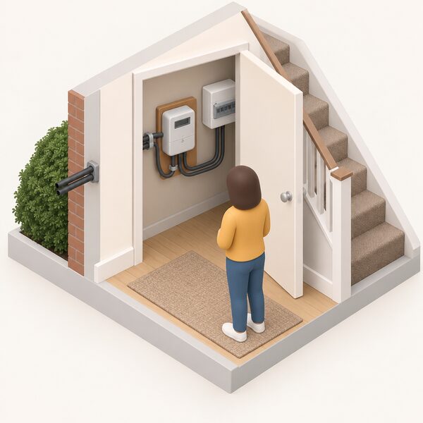An isometric cutaway of a rented home's hallway cupboard showing an electricity meter mounted on the wall with its supply cables running in from outside and out to the consumer unit, with a small simplified tenant figure standing back looking at it without touching it.