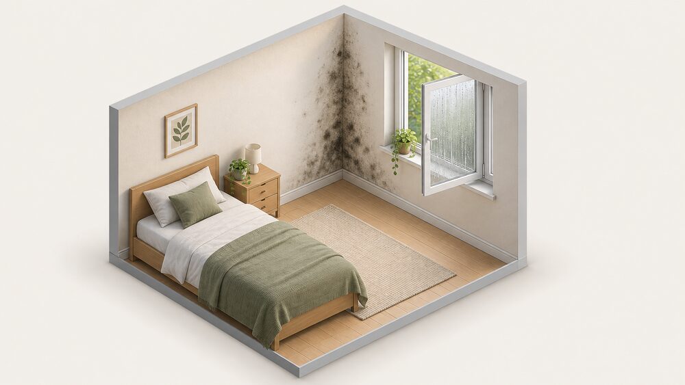 A corner of a rented bedroom where an external wall meets a window reveal, with dark mould patches spreading on the cold wall corner and condensation running down the glass of a window opened onto the outside air.