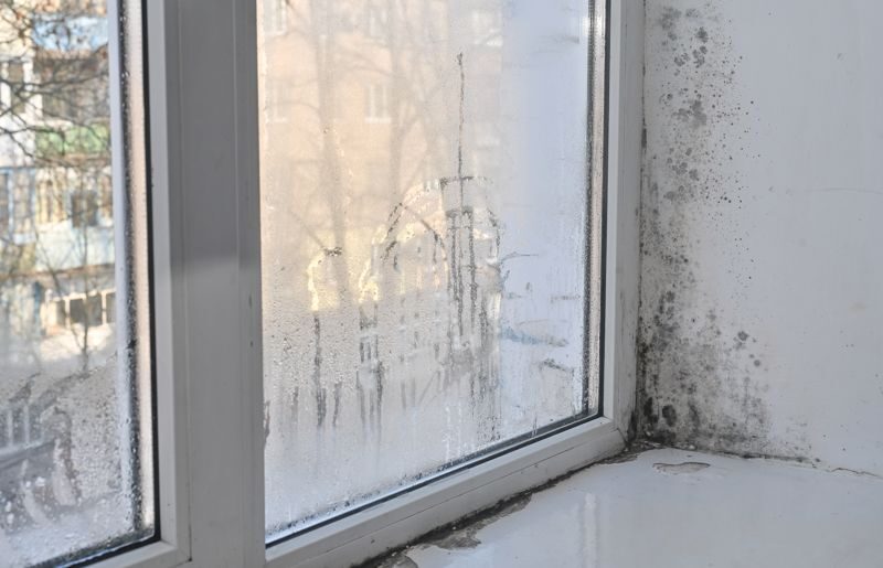 A window covered in condensation next to a wall with black mould growth in the corner of a room