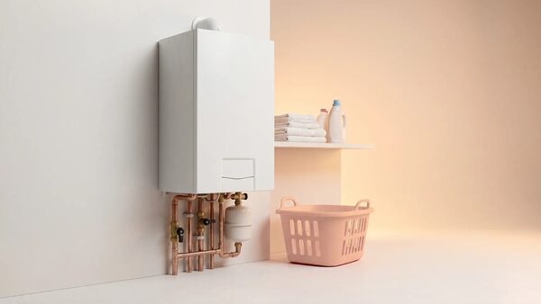 A white wall-mounted combi boiler with copper pipework in a utility room next to a laundry basket and shelf