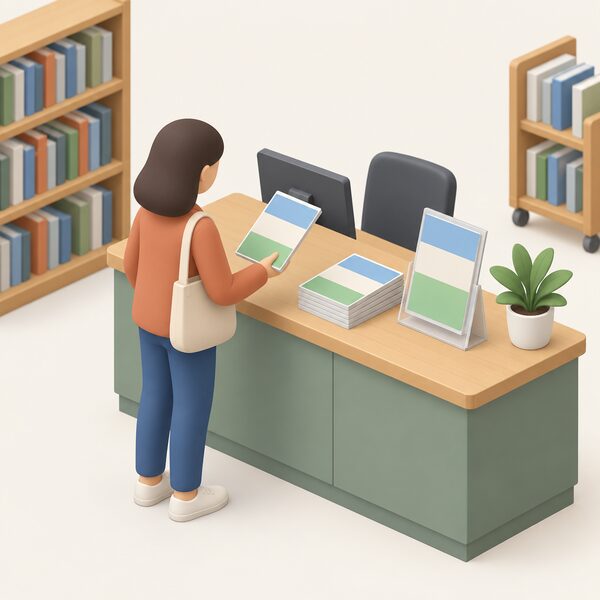 A paper Winter Wellbeing Guide booklet lying on a library information counter, its cover carrying only plain colour bands, with a simplified isometric figure of a visitor standing nearby picking up a copy from a small display stack.