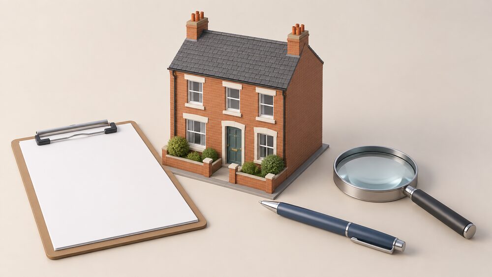A small model of a terraced house stands on a desk beside a clipboard with blank assessment paperwork, a pen, and a magnifying glass, suggesting a home being inspected against a housing quality standard.
