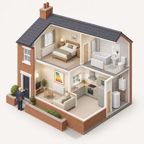 A small terraced private rented house shown in cutaway isometric view with a landlord figure standing at the front door holding a document folder, while inside the home meets the standard with a well-maintained kitchen and bathroom, a working heating system and an energy performance certificate displayed on the living room wall.