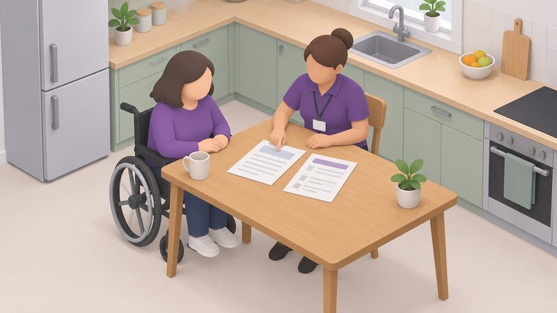 A Scope adviser and a disabled householder sit together at a kitchen table, the adviser pointing at an energy bill laid flat while a personalised action plan document rests beside it, shown as a physical sheet with blank lines and plain blocks so no content is readable.