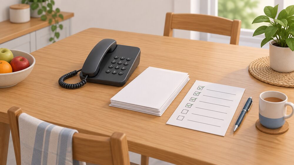 A kitchen table in daylight with a telephone handset resting beside a short stack of blank paperwork, a pen, and a single completed checklist-style action plan sheet, suggesting a household about to call a free advice service about its energy bills.