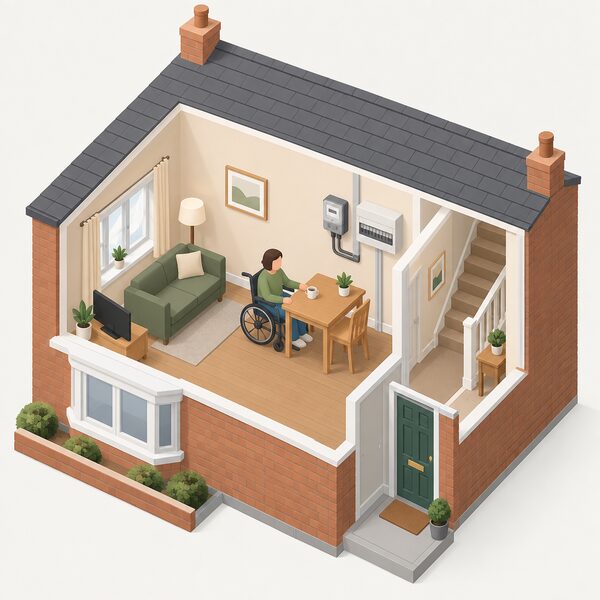 A simplified isometric cutaway of an ordinary UK terraced house interior showing a wheelchair-using adult at a table in the living room, with a plain electricity meter and consumer unit on the wall nearby, representing an eligible household with a disabled person.
