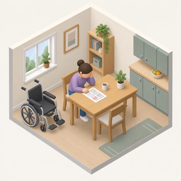 A paper energy bill lying on a kitchen table beside a mug, with a wheelchair parked nearby and a small isometric figure seated at the table looking at the bill, in a simply furnished home interior.