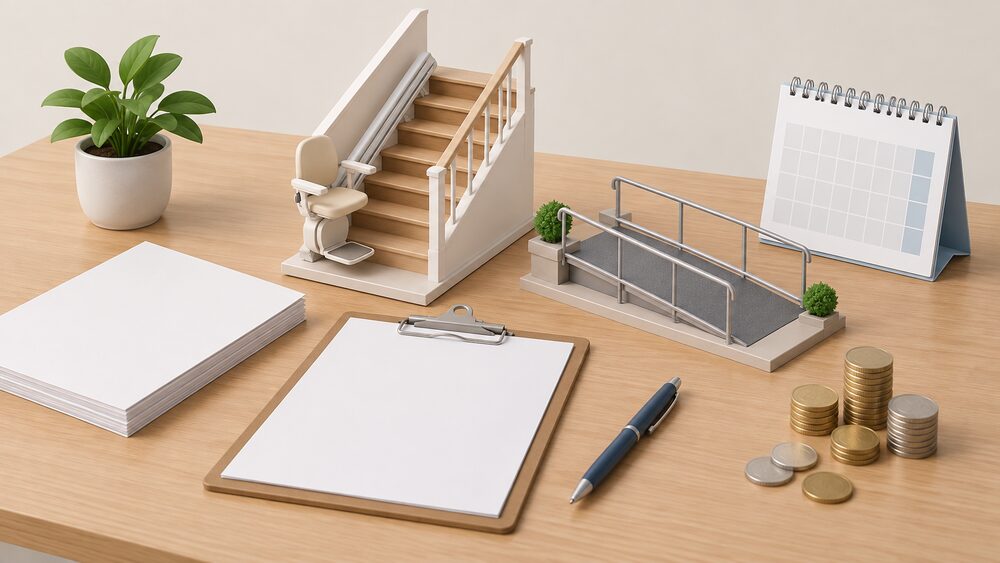 A small model of a stairlift on a staircase and a short access ramp sit on a wooden table beside blank application paperwork, a clipboard, a pen, a stack of coins and a wall calendar, showing a household preparing a grant application for home adaptations.