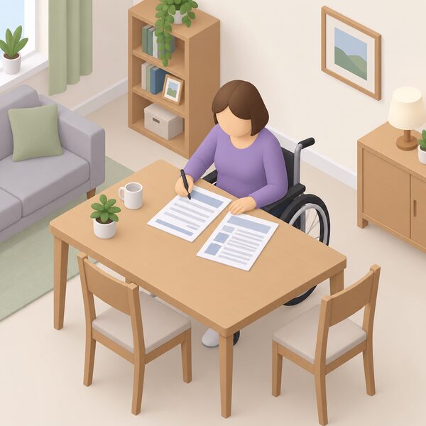 A disabled applicant seated at a table at home completing a paper grant application form, with a means test assessment sheet beside it, both shown as physical documents with blank lines and plain blocks instead of readable content.