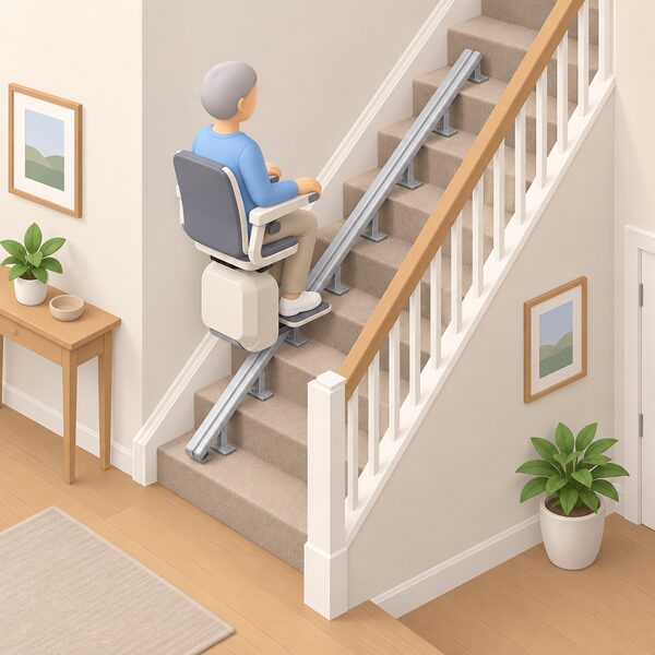 A straight stairlift mounted on the staircase of a rented home, its rail fixed to the stair treads rather than the wall, with a simplified seated figure riding it upward.