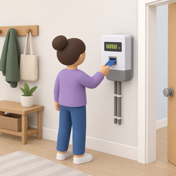 A domestic prepayment electricity meter mounted on a wall inside a home, with a simplified figure inserting a key or card into it, showing the kind of meter used by households at risk of disconnection that the Fuel Bank Foundation supports.