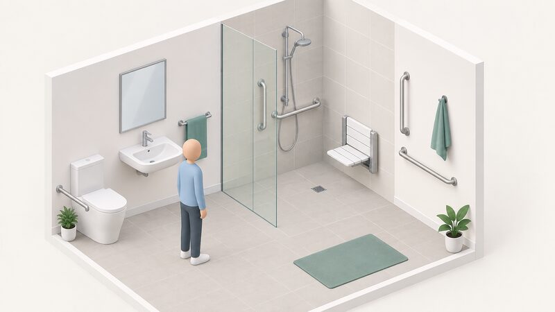 A simplified isometric view of an adapted bathroom showing a level access shower with no threshold or tray step, flush with the floor, with grab rails on the walls beside it and a fold-down shower seat, with a plain figure standing nearby for scale.
