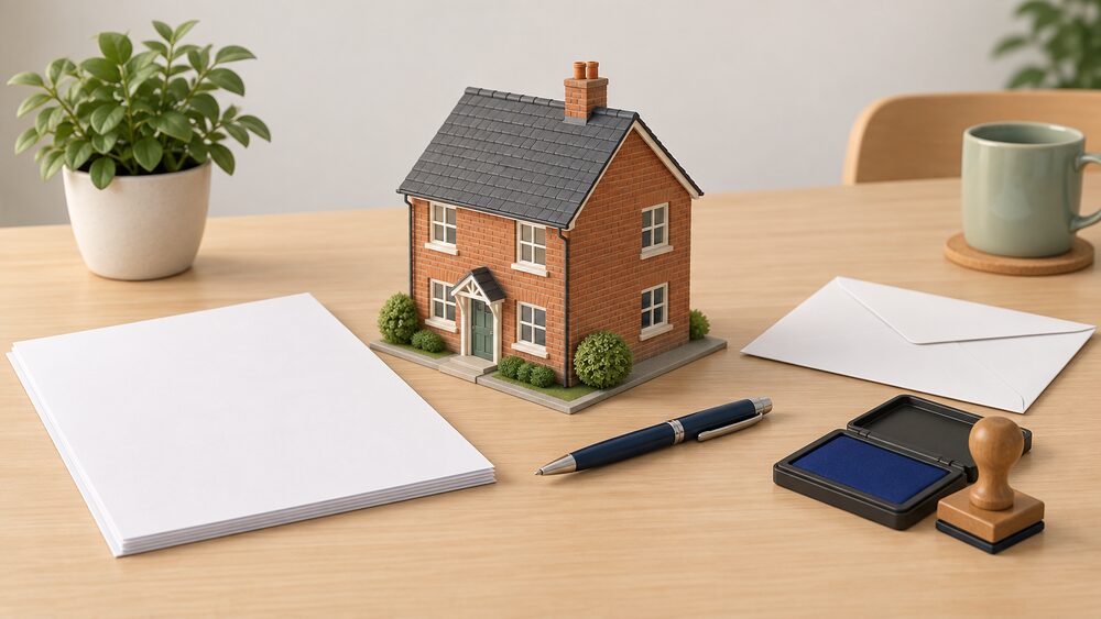 A small model of a modest brick house sits on a kitchen table beside blank application paperwork, a sealed envelope, a council-style stamp pad and a pen, suggesting a household referral being made for funded energy improvements.