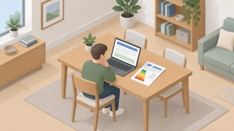 A householder seated at a table in a home setting reads a Statement of Intent displayed on an open laptop screen, with a printed EPC certificate lying on the table beside the laptop, both shown as physical objects with content only as blank lines and plain colour blocks.