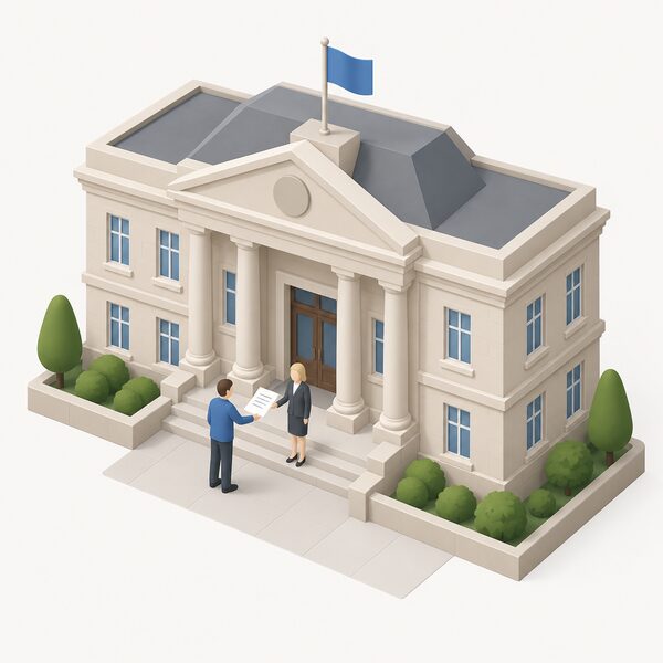 A simplified isometric view of a British town hall council office with a plain civic facade, where a small figure at the entrance hands a referral document to another figure, showing the council as the body that refers residents under ECO Flex.