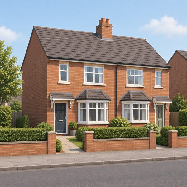 A modest two-storey British semi-detached owner-occupied house seen from the street, with a plain brick facade, pitched roof, front door and windows, drawn as an ordinary home whose tenure and energy rating would be assessed for scheme eligibility.