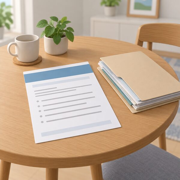 A printed Statement of Intent document lying on a household table, shown as a physical paper with a plain colour header band and blank lines standing for its eligibility criteria, beside a folder of kept household paperwork.