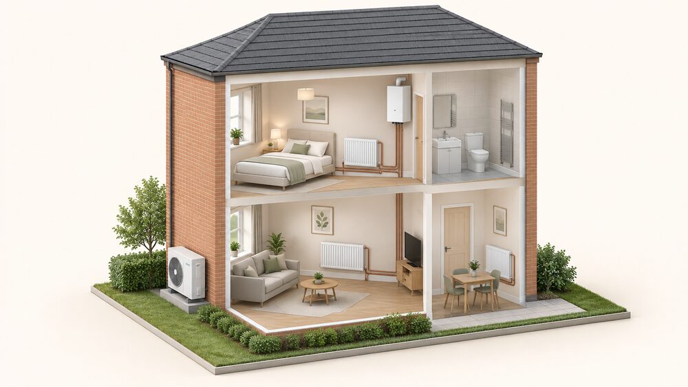 A cutaway of a small flat showing a compact electric boiler on an inside wall connected to radiators, while outside on the external wall an air source heat pump fan unit stands as the alternative, with the two options presented as one building seen from the side.