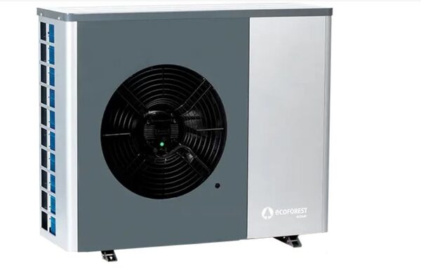 An Ecoforest air-source heat pump outdoor unit with a large fan, shown against a plain white background
