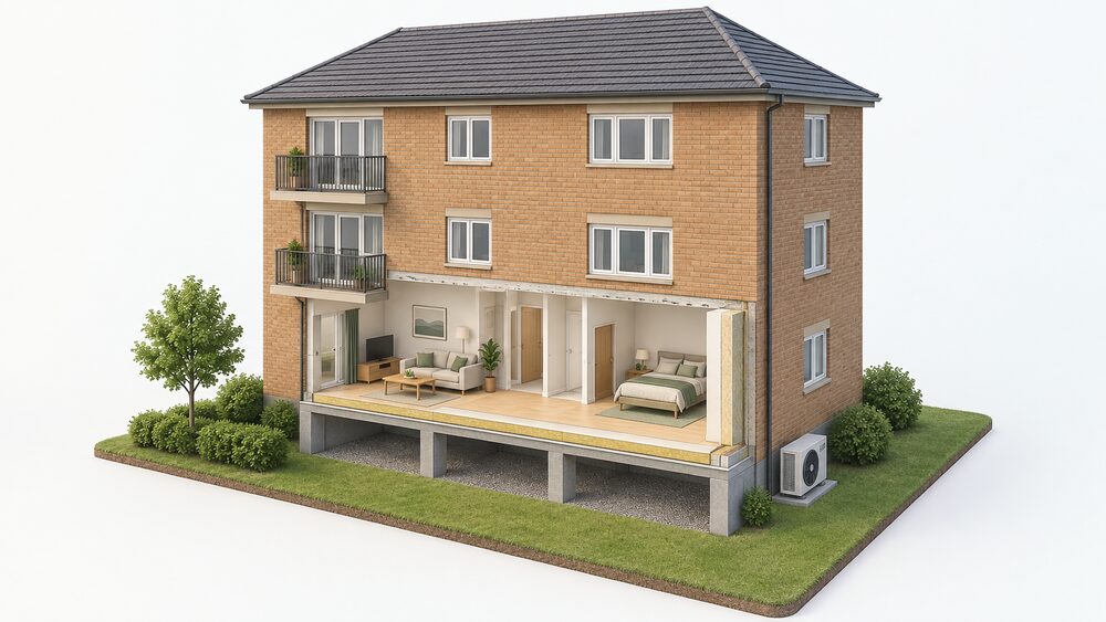 A cutaway of a small block of flats showing one ground-floor flat's interior with internal wall insulation on its external solid wall, insulated floor above an open undercroft, and a single small air source heat pump unit standing on the ground beside the block's external wall.
