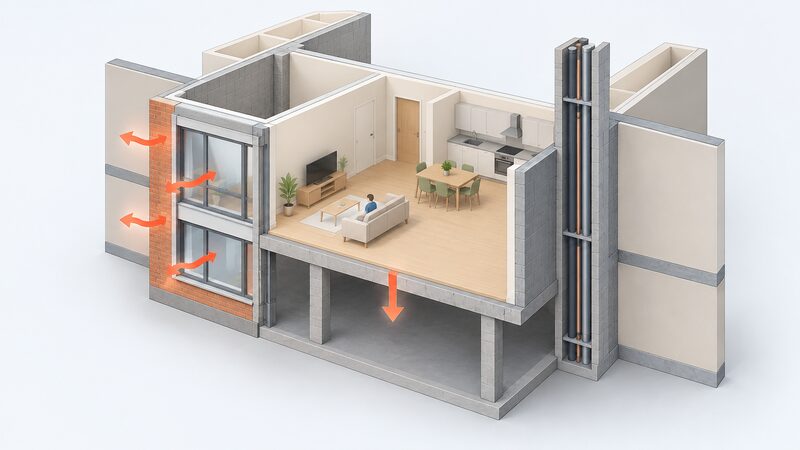 A cutaway isometric diagram of a mid-floor flat showing its external wall with glazing, party walls on either side, a floor slab over an unheated undercroft below, and the communal riser, with heat-loss arrows at the external wall, windows and floor but none through the party walls.