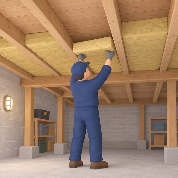 An installer in a ground-floor flat's undercroft, working from below to fit insulation snugly between the exposed timber joists of a suspended floor, with the floorboards above forming the underside of the room overhead.