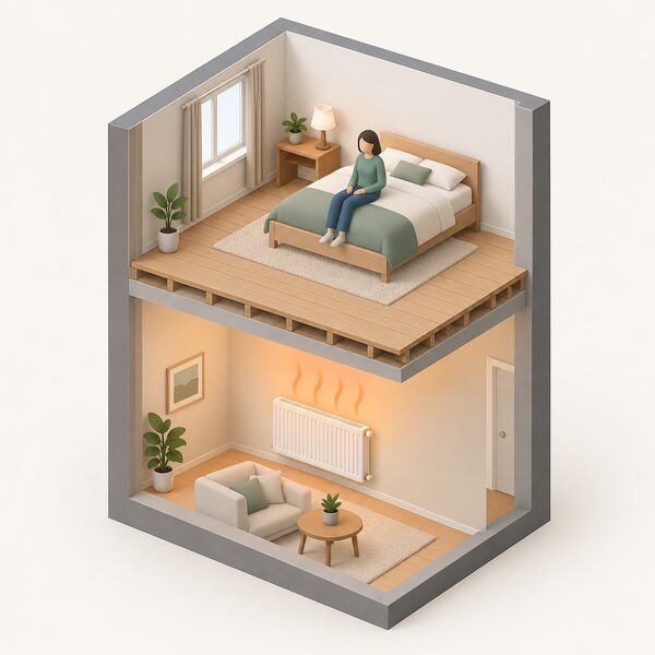 A cutaway view of two stacked flat rooms showing a wall-mounted radiator on the wall of the lower room, with the floor of the upper room directly above it, illustrating the heated space below that prevents floor insulation.