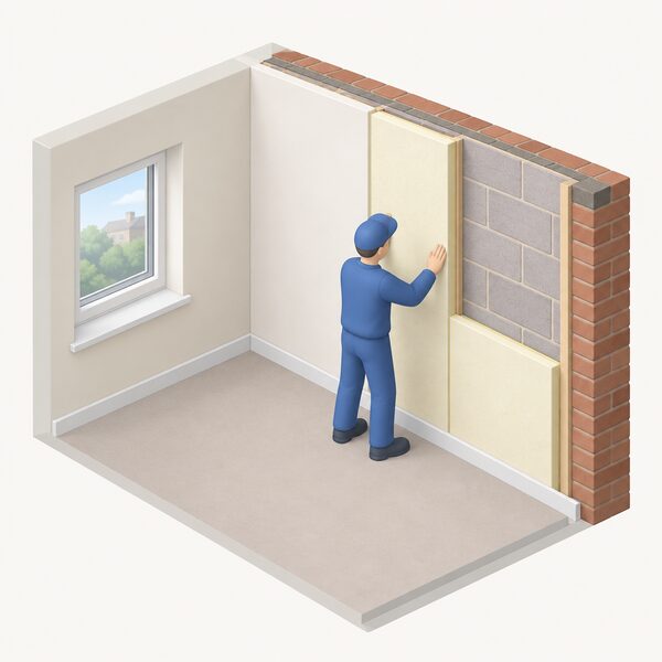 A simplified isometric figure fitting rigid insulation boards to the inside face of an external wall in a flat, one board already fixed and covered with a smooth new plaster finish, while the figure presses another board into place against the bare wall.