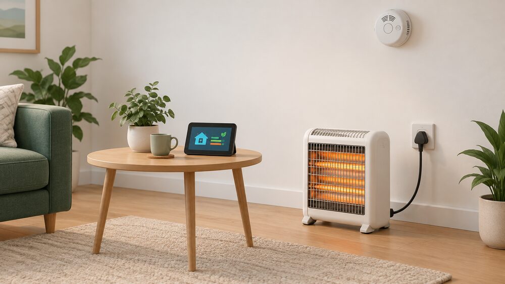 A small tabletop arrangement in a rented flat showing a portable electric heater with its three-pin plug plugged directly into a wall socket, an in-home display standing beside it, and a smoke alarm mounted on the wall above, with nothing fixed to the building.