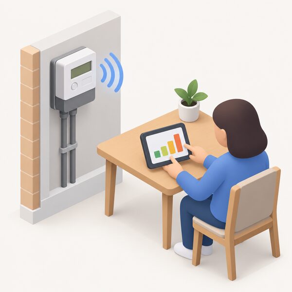 A small isometric scene of a smart electricity meter on a wall with a wireless link to a portable touchscreen in-home display on a nearby table, its screen showing simple usage bars, with a simplified figure holding the display.