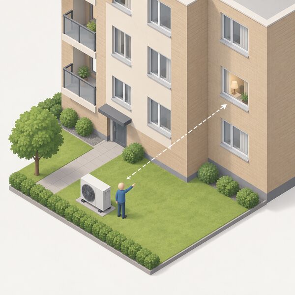 An air source heat pump fan unit on the ground outside a block of flats, sited well away from a neighbouring flat's habitable room window, with a simplified isometric figure standing beside the unit indicating the assessment distance toward that window.