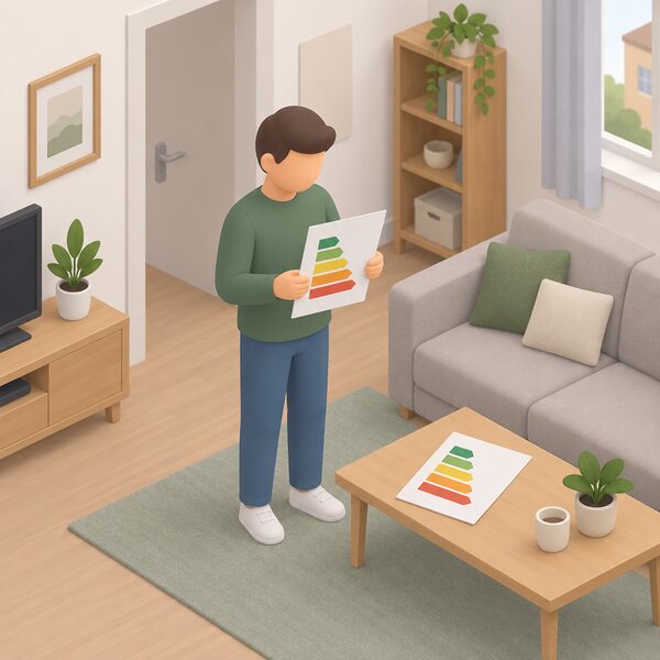 A simplified isometric tenant standing in a rented flat's living room holding a folded energy performance certificate sheet, with a larger copy of the document lying on a table beside a sofa, its rating band shown as a plain colour band ladder with blank blocks and no readable words or numbers.