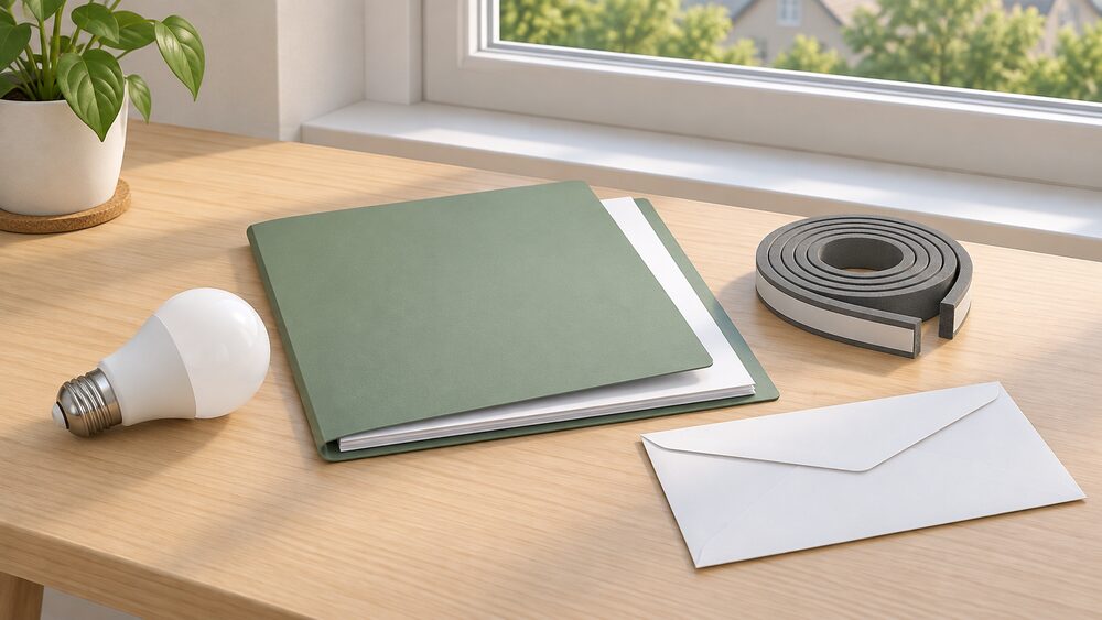 A small tabletop arrangement of a blank EPC report folder with papers, a low-energy LED bulb lying beside it, a roll of self-adhesive draught-proofing strip, and a plain envelope, all on a table by a flat window in daylight.