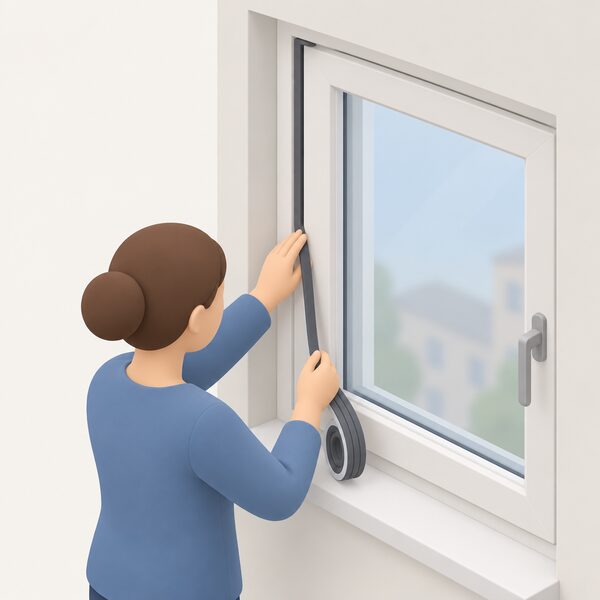 A simplified isometric figure presses self-adhesive draught-proofing strip along the inner edge of a flat's own window frame, with a short length of strip already in place on one side and the window sash closed beside the work.