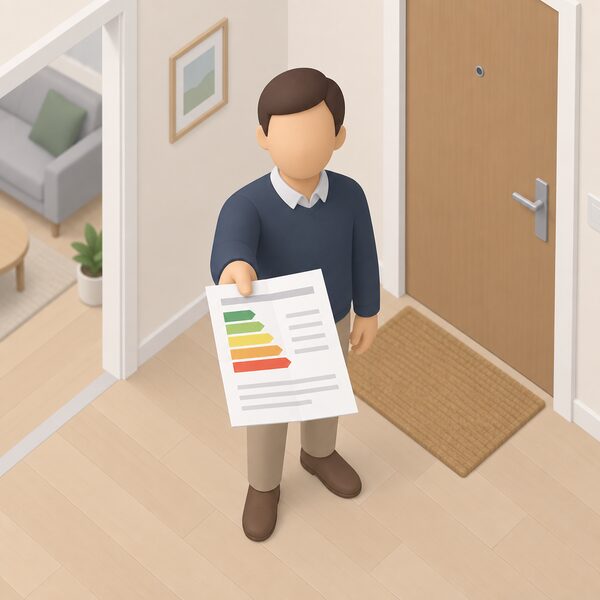 A small simplified isometric landlord figure stands in the hallway of a rented flat, holding out a folded EPC certificate document as a physical paper sheet with blank colour bands and lines, handing it toward the viewer's space.