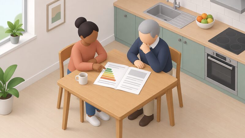 A tenant and a landlord sit together at a kitchen table in a flat, looking over a printed EPC recommendations report laid open between them, with the tenant pointing at a page while the landlord reads on.