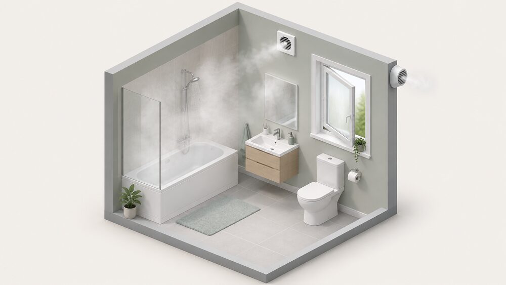 A bathroom wall with a recessed extractor fan mounted high on the internal wall, its duct passing through the external wall to an outside terminal, beside a suitably sized openable window, with steam in the air.