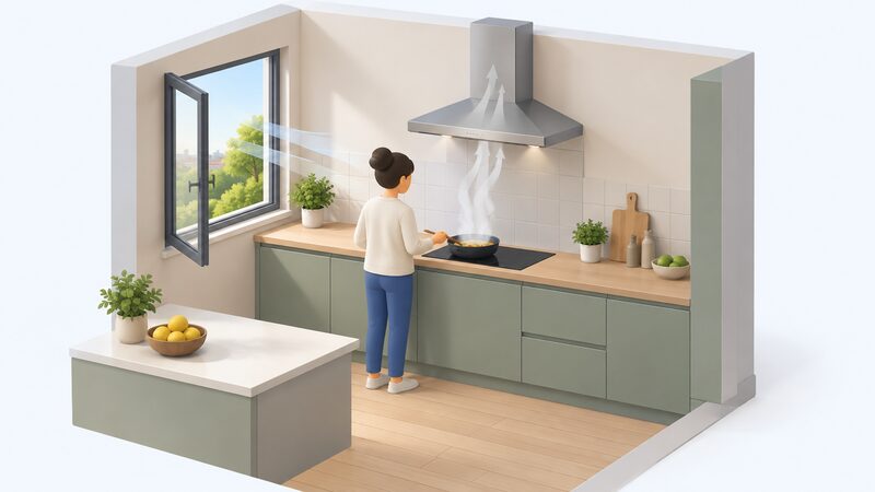 A kitchen scene with steam rising from a pan on a hob while the extractor fan above runs, wisps of steam being drawn up into it and the air around the hob visibly clearer, with a window open nearby.
