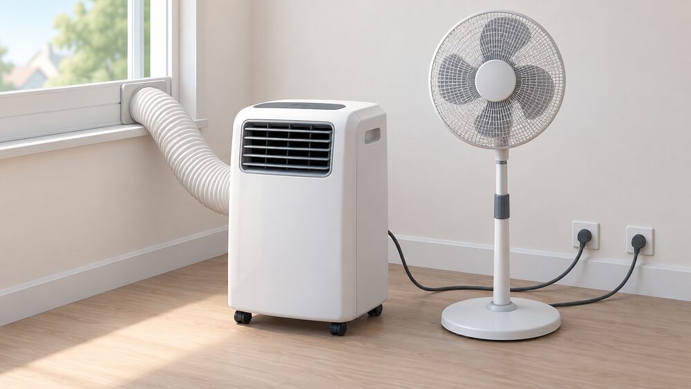 A portable air conditioner on castors with its flexible exhaust hose running to a window, standing beside a tall pedestal fan, both plugged in on a plain floor in a UK room.